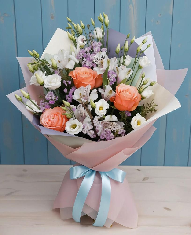 Букет цветов из: Лизиантусы, Розы, Альстромерии и Гипсофила в Верхнерусском