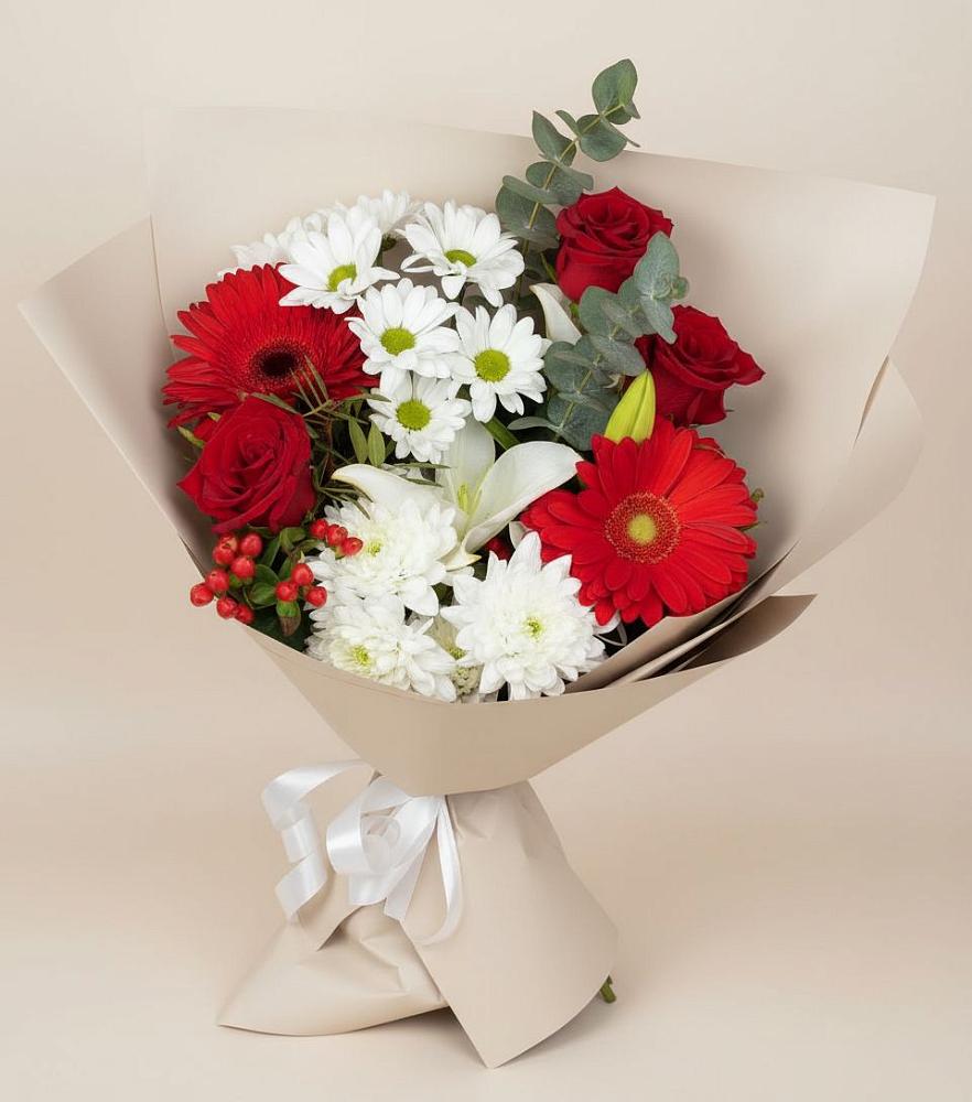 Букет цветов из: Розы, Хризантемы, Герберы и Лилии в Верхнерусском