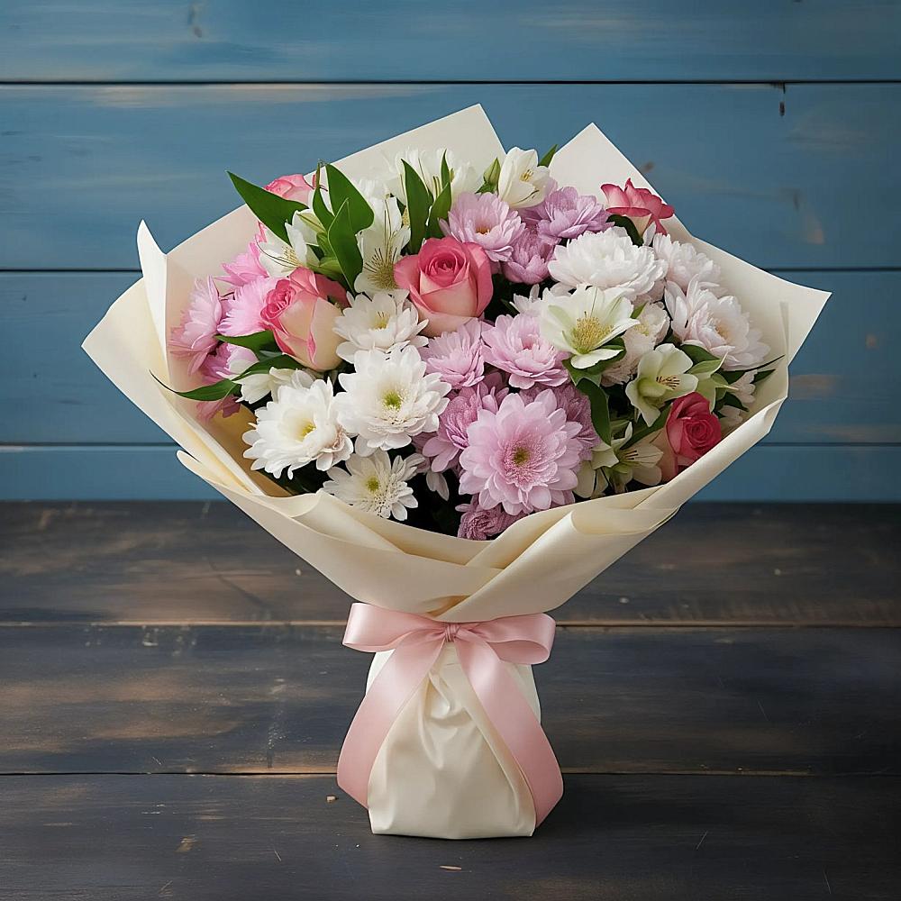 Букет цветов из: Хризантемы, Альстромерии и Розы в Верхнерусском